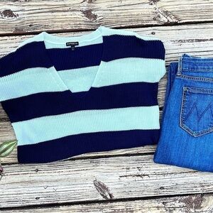 Express Navy and White Striped V Neck Sweater
